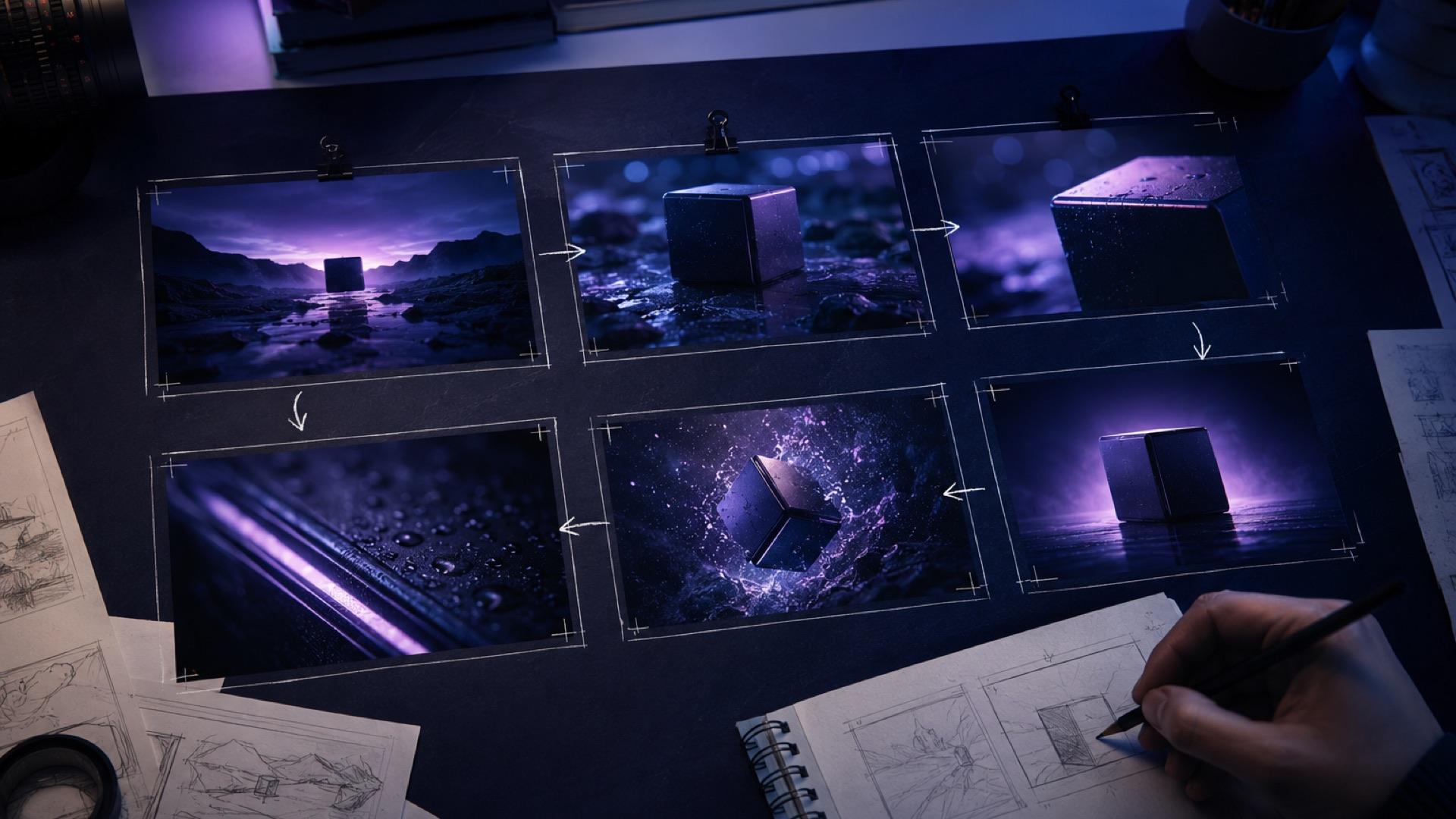Six storyboard frames arranged as a coherent AI video sequence from establishing shot to hero frame