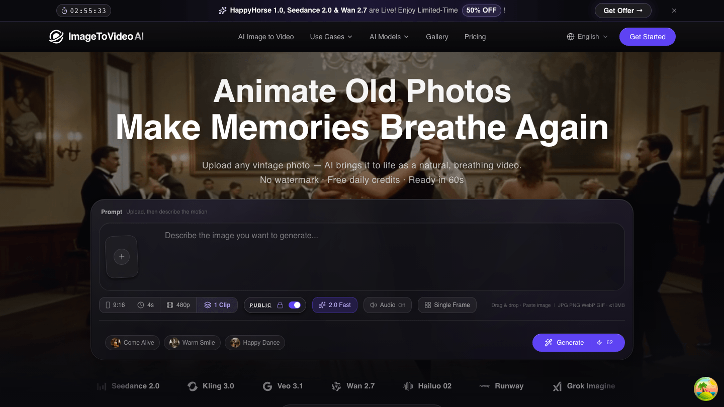 ImageToVideoAI Animate Old Photos workspace with upload, prompt, model, ratio, duration, resolution, clip count, presets, and generate controls