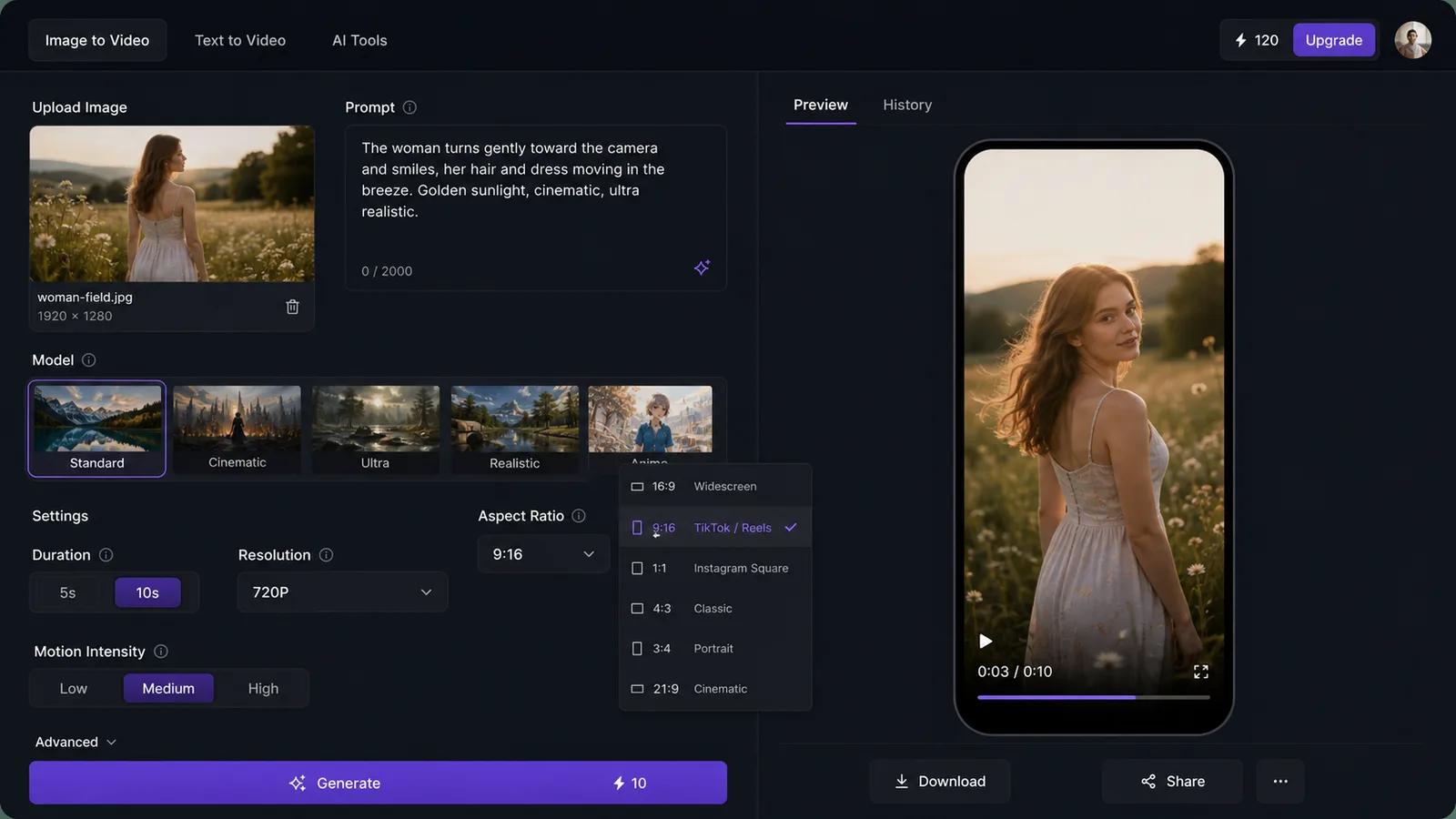 Setting the aspect ratio and choosing a model in the ImageToVideoAI workspace