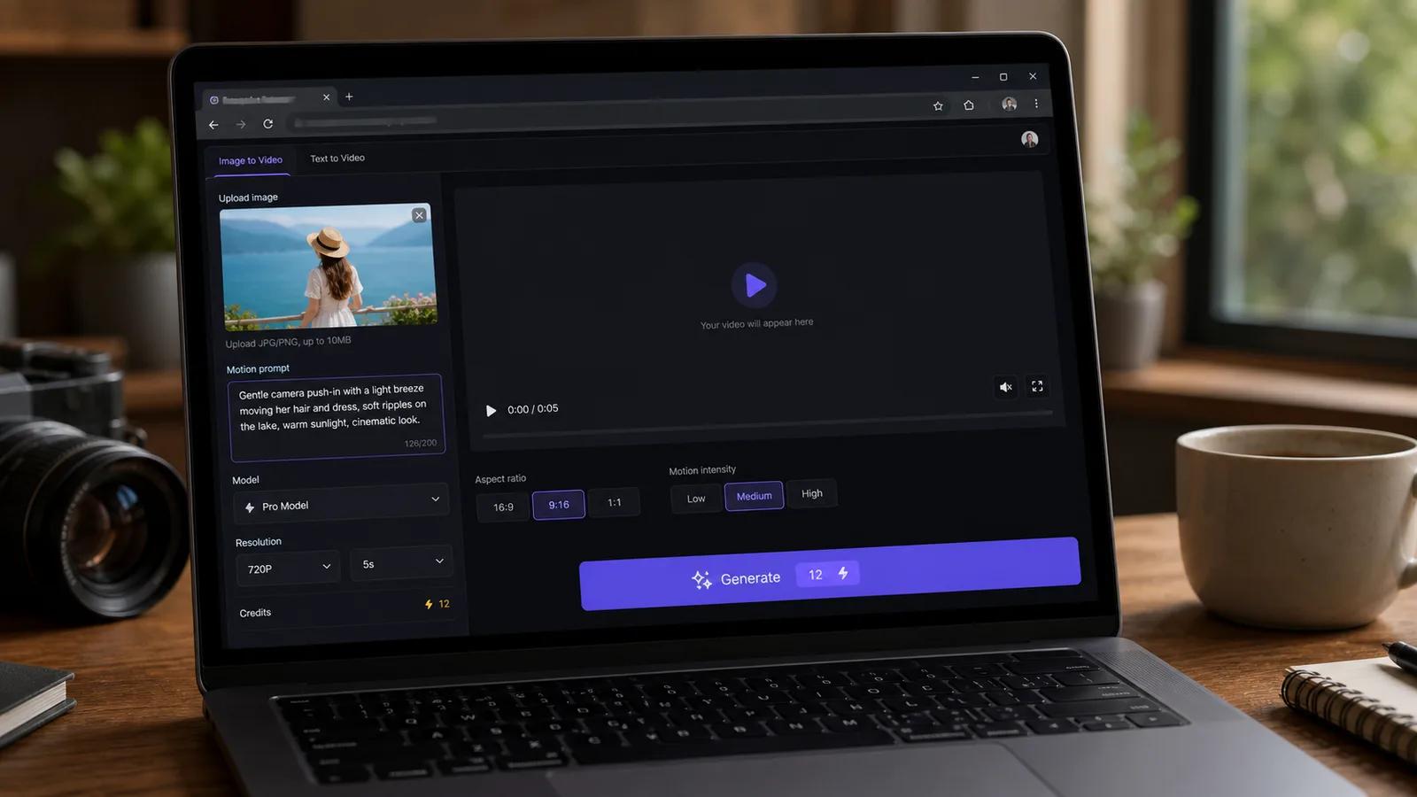 The ImageToVideoAI workspace with a photo loaded and a motion prompt written, ready to generate