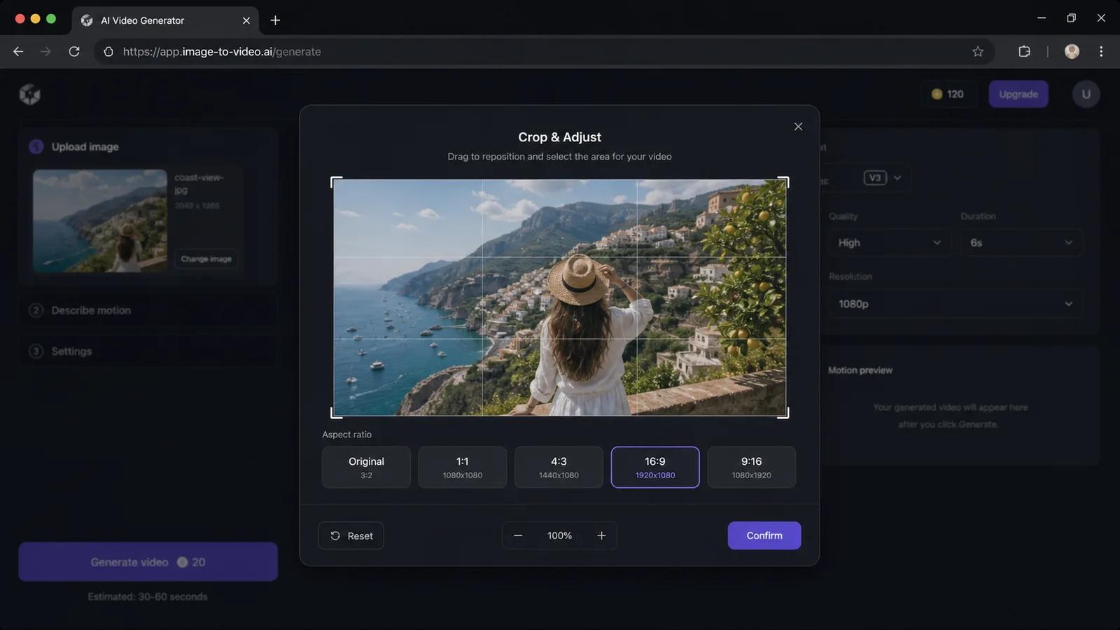 The crop window that opens after upload, with aspect ratio options including 9:16