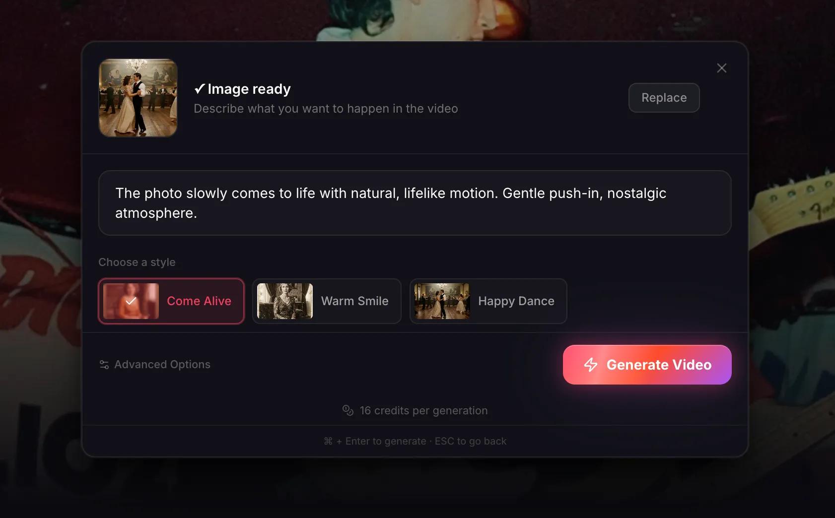 Add a motion prompt to animate the photo